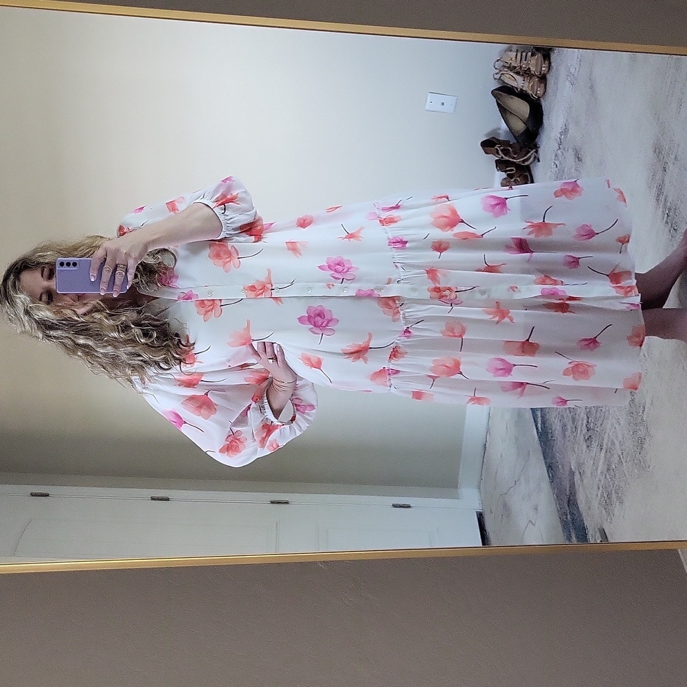 Newbury Street eShakti White Sheer Floral Dress With Pink Flowers Plus Size 1X